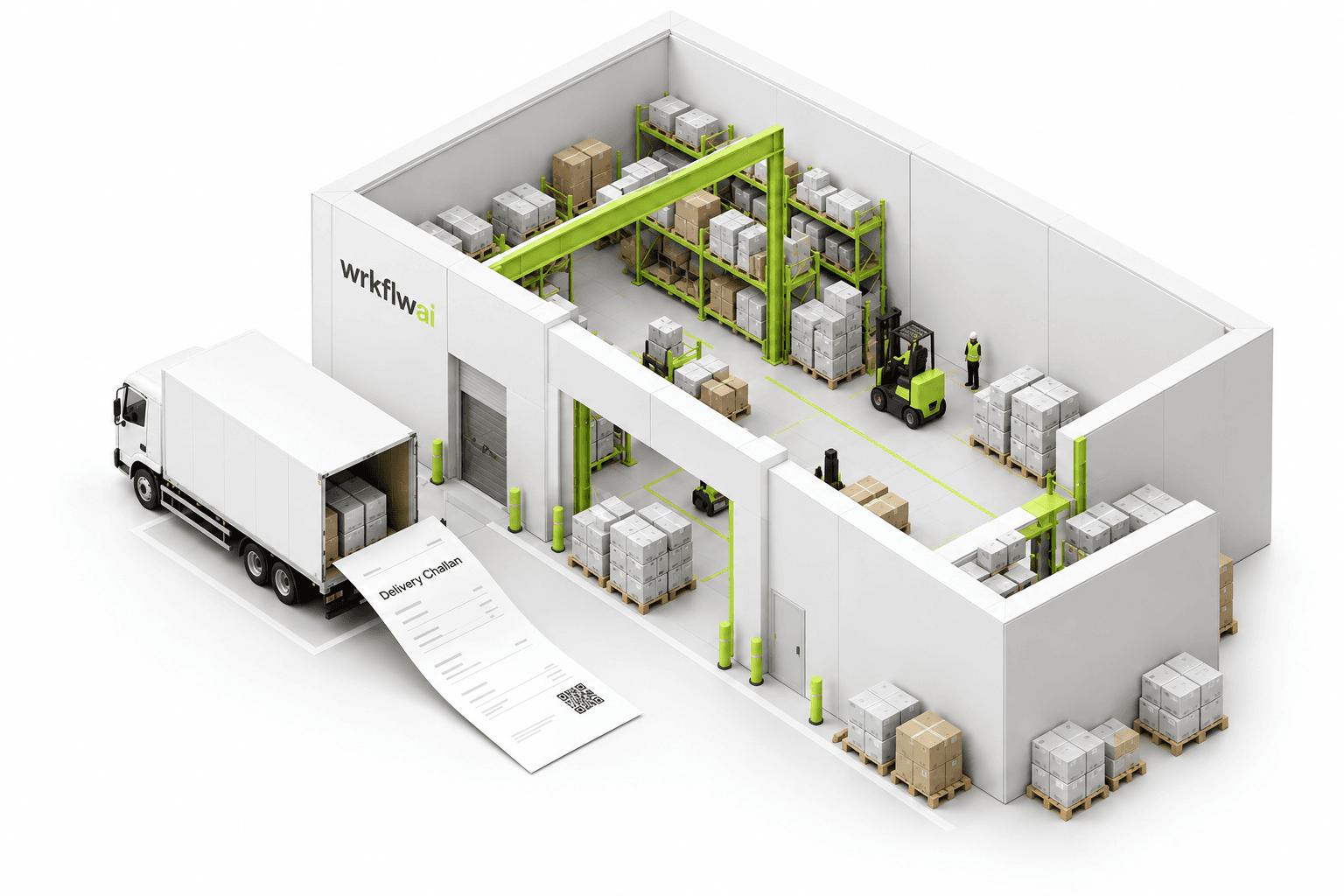 Isometric warehouse with lime shelving, delivery truck and a delivery challan, representing the receiving workflow